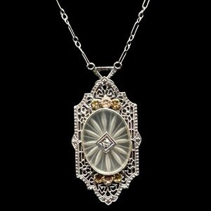Exquisite 14K White Gold Art Deco Camphor Glass Diamond Accent Necklace